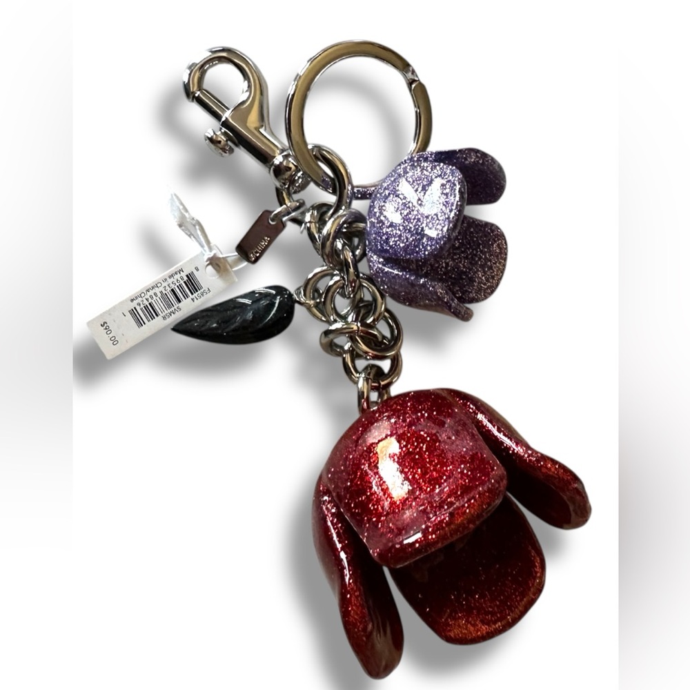 Coach Glitter Resin Tea Rose Bag Charm Style F58514 Red & Purple Flower Keychain